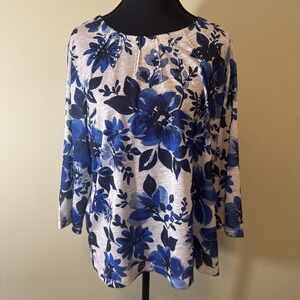 Alfred Dunner Top Long Sleeve Blue Black Grey Floral Print Petite Size PL NWOT
